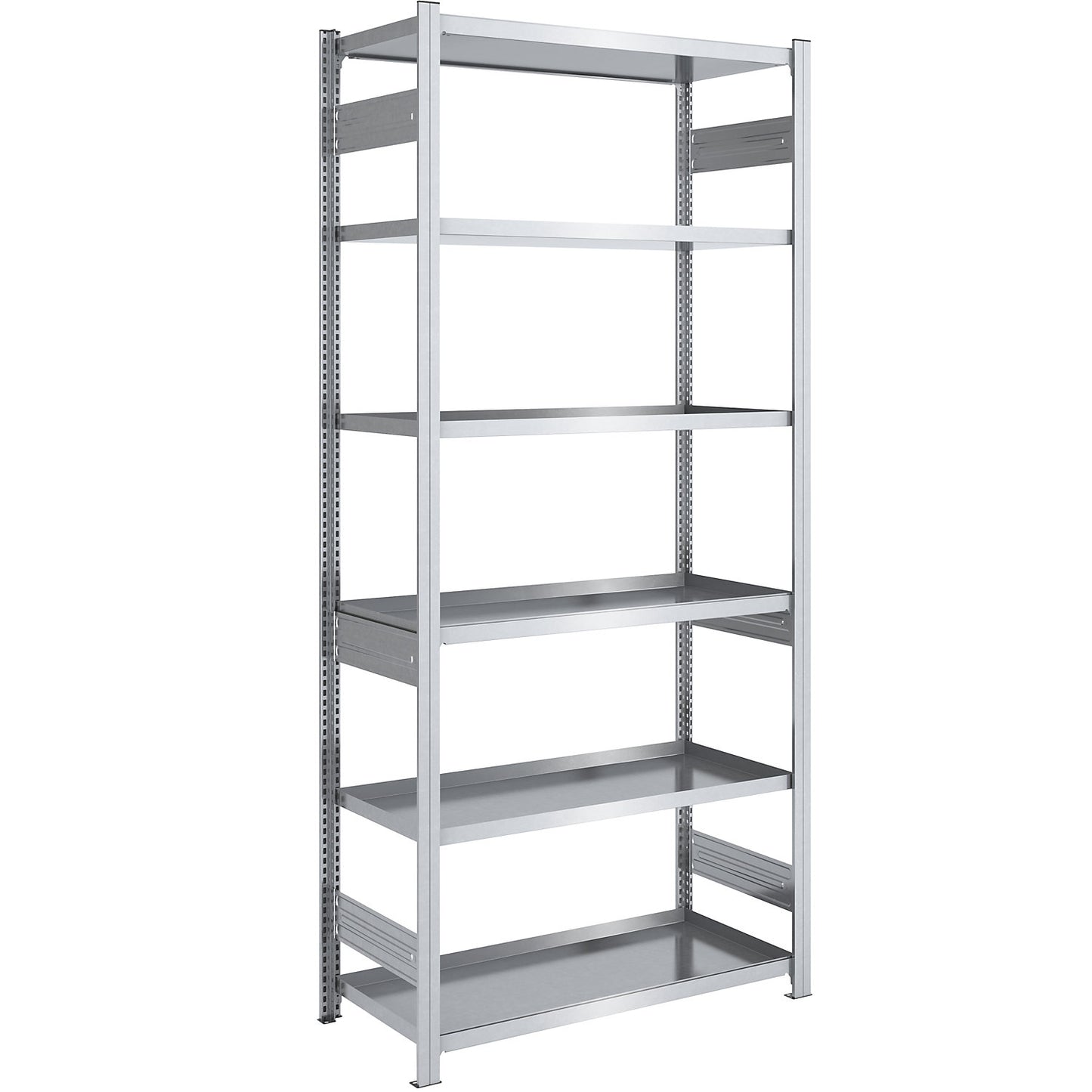 Tray shelf unit, zinc plated steel, double-sided, h 2500 mm, tray WxD 1000 x 600 mm, standard shelf unit.