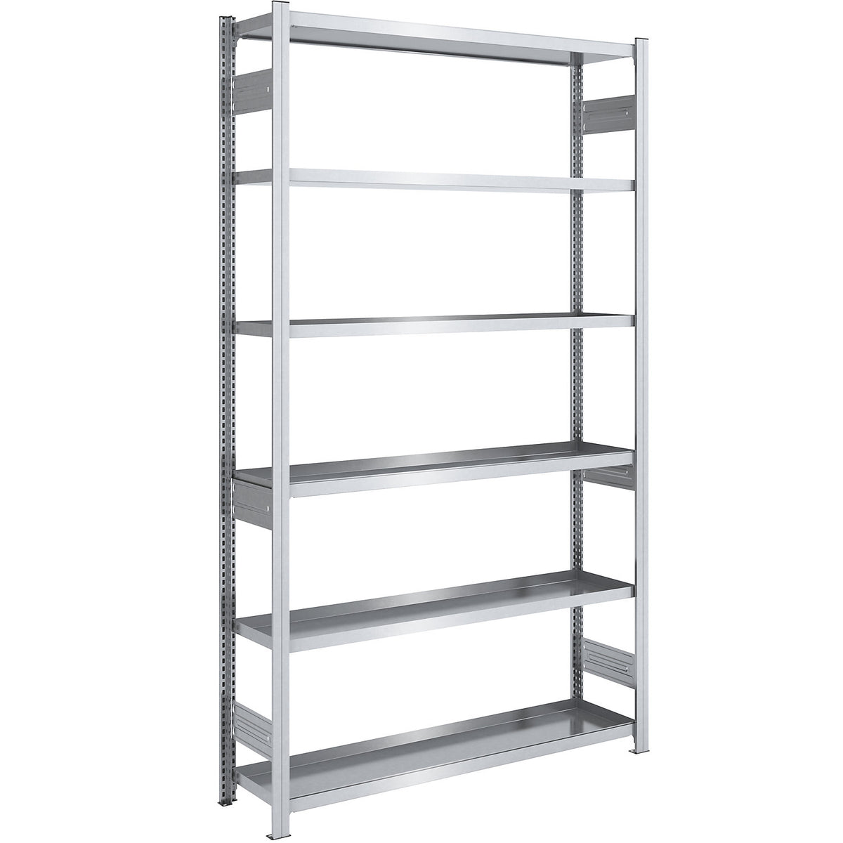 Tray shelf unit, zinc plated steel, double-sided, h 2500 mm, tray WxD 1300 x 400 mm, standard shelf unit.