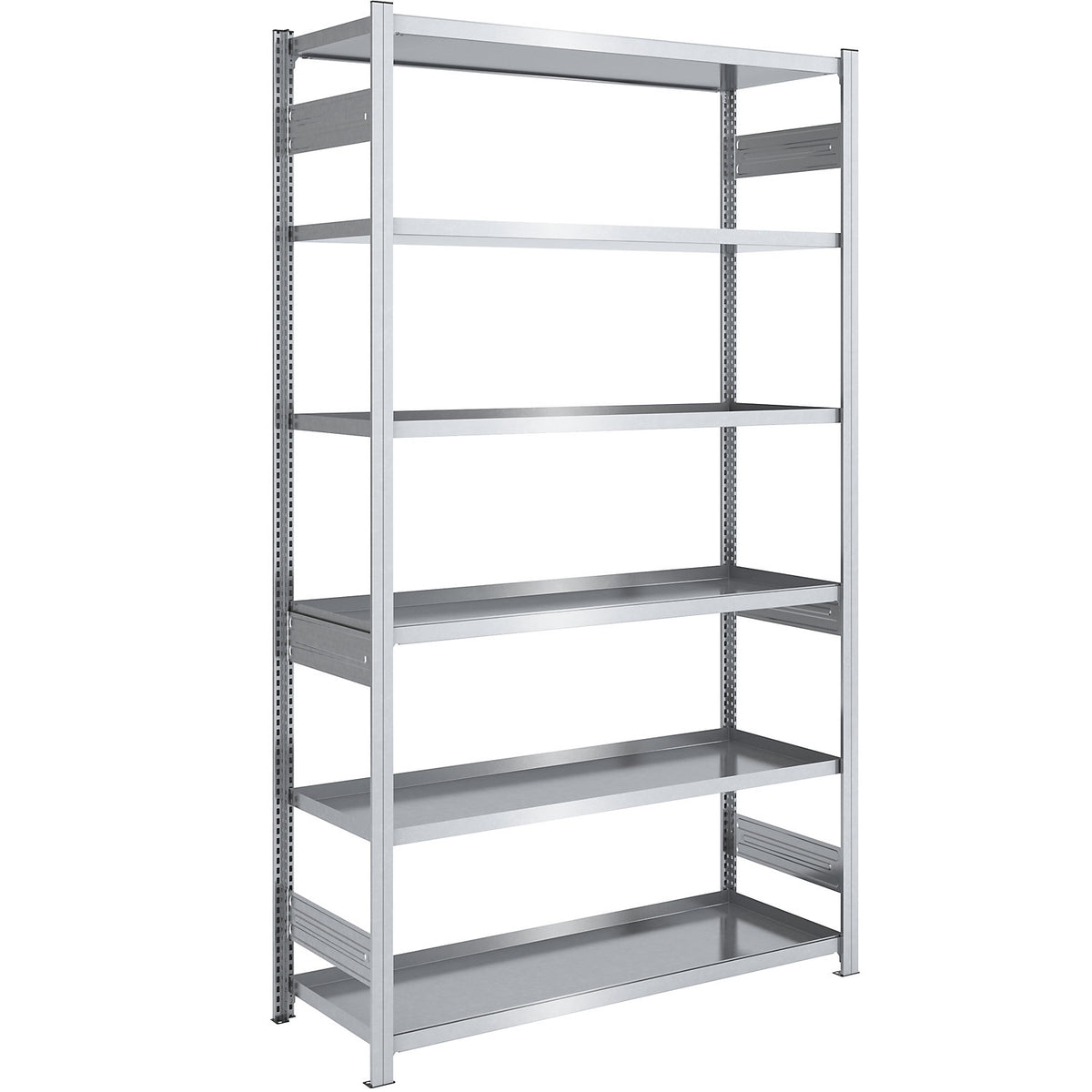 Tray shelf unit, zinc plated steel, double-sided, h 2500 mm, tray WxD 1300 x 600 mm, standard shelf unit.