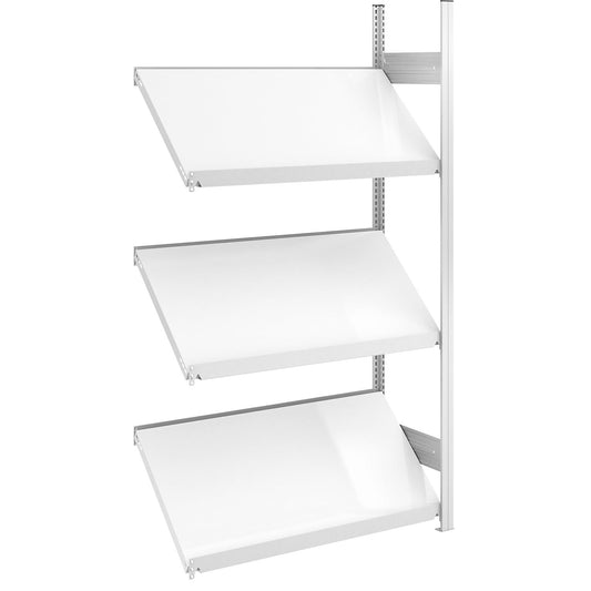 Slanted shelf unit, shelf unit height 2000 mm, shelf width 1000 mm, extension shelf unit, light grey RAL 7035.
