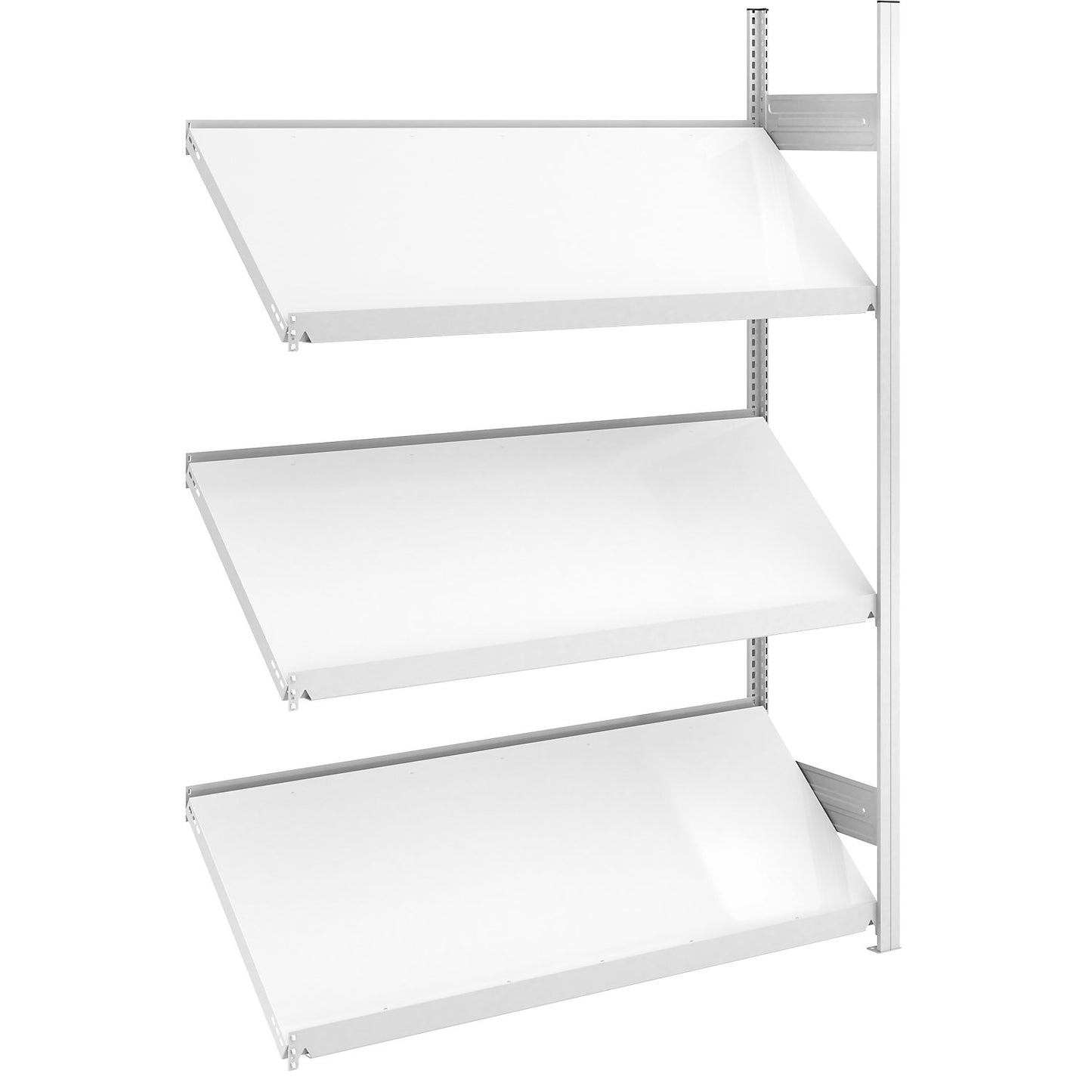 Slanted shelf unit, shelf unit height 2000 mm, shelf width 1300 mm, extension shelf unit, light grey RAL 7035.