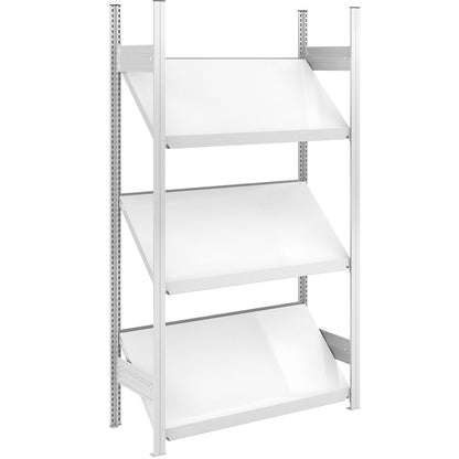 Slanted shelf unit, shelf unit height 2000 mm, shelf width 1000 mm, standard shelf unit, light grey RAL 7035.