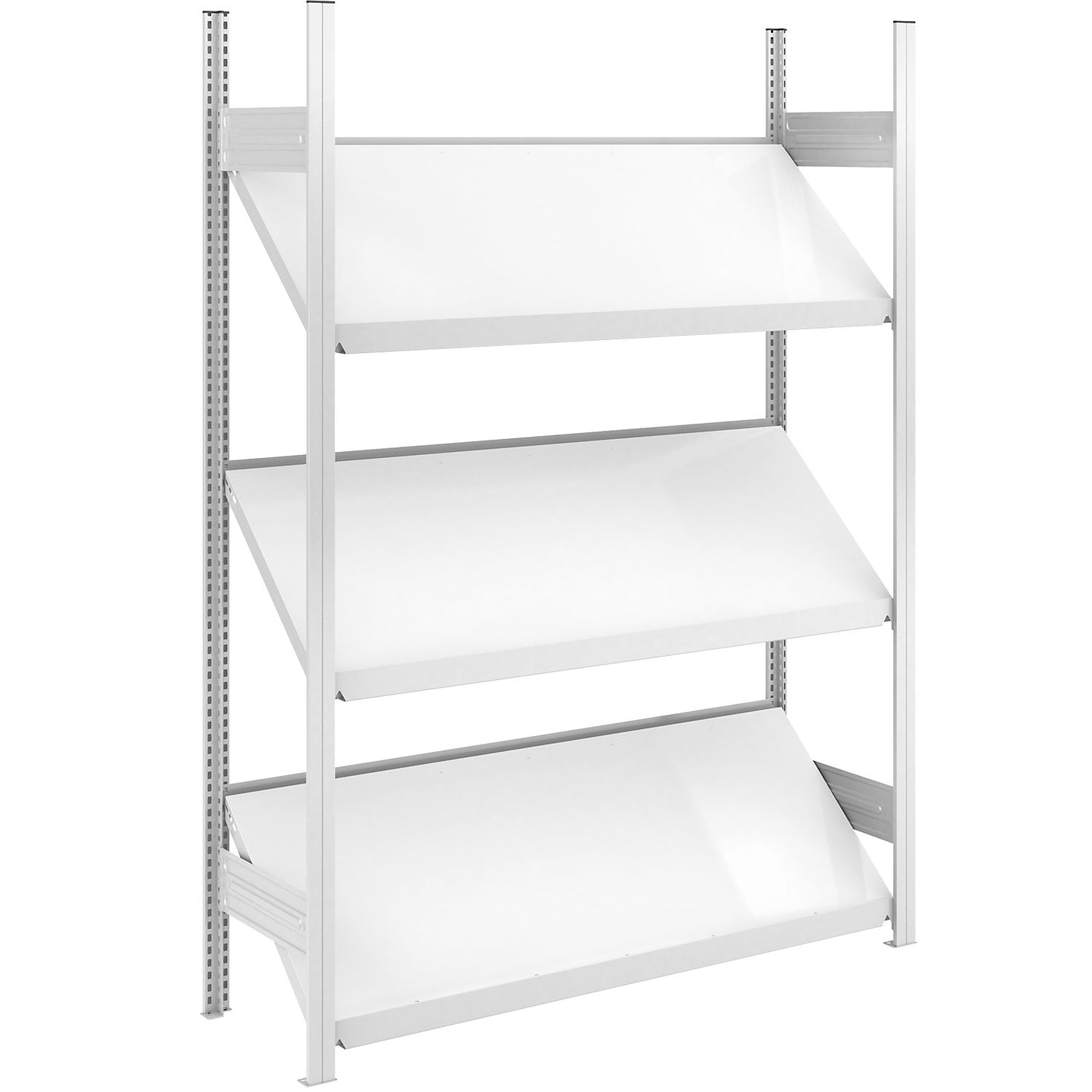Slanted shelf unit, shelf unit height 2000 mm, shelf width 1300 mm, standard shelf unit, light grey RAL 7035.