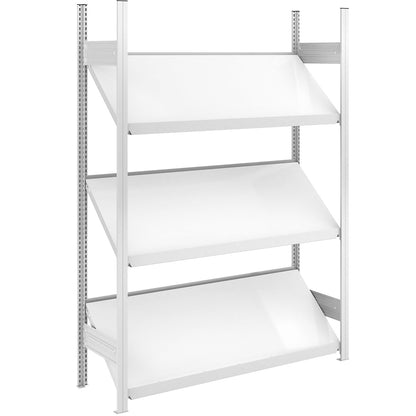 Slanted shelf unit, shelf unit height 2000 mm, shelf width 1300 mm, standard shelf unit, light grey RAL 7035.