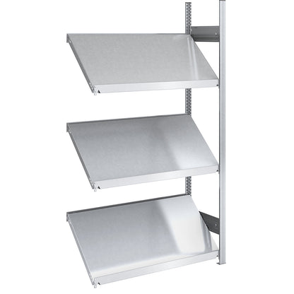 Slanted shelf unit, shelf unit height 2000 mm, shelf width 1000 mm, extension shelf unit, zinc plated.