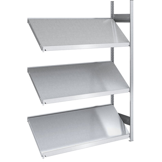 Slanted shelf unit, shelf unit height 2000 mm, shelf width 1300 mm, extension shelf unit, zinc plated.
