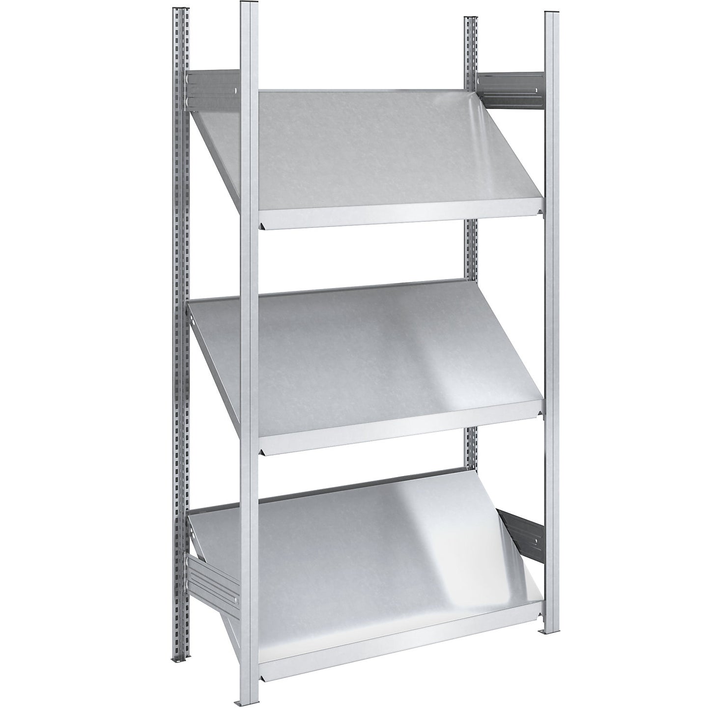 Slanted shelf unit, shelf unit height 2000 mm, shelf width 1000 mm, standard shelf unit, zinc plated.