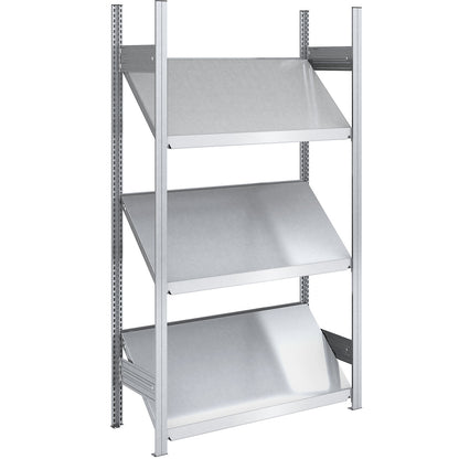 Slanted shelf unit, shelf unit height 2000 mm, shelf width 1000 mm, standard shelf unit, zinc plated.