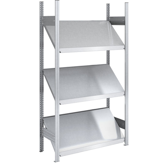 Slanted shelf unit, shelf unit height 2000 mm, shelf width 1000 mm, standard shelf unit, zinc plated.