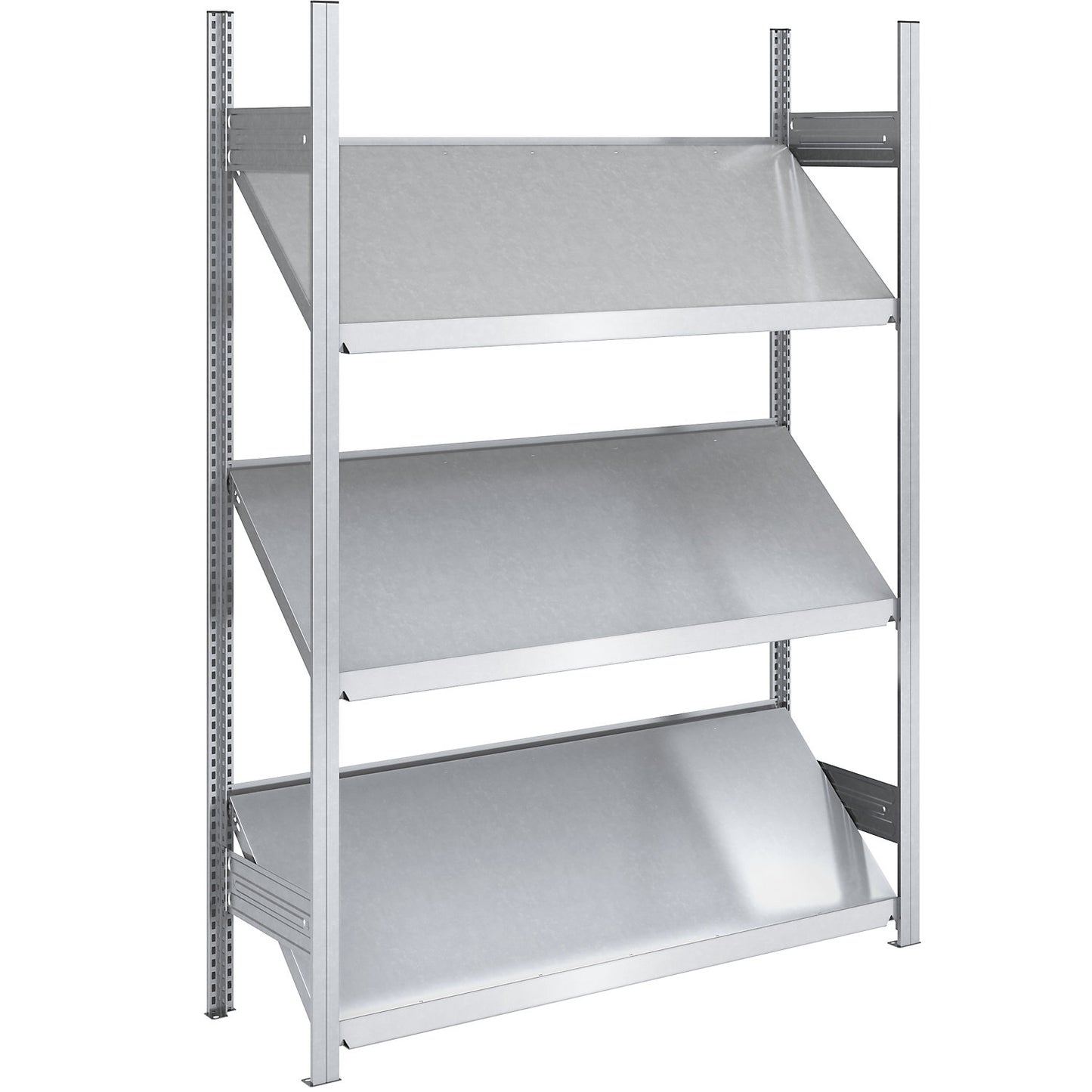 Slanted shelf unit, shelf unit height 2000 mm, shelf width 1300 mm, standard shelf unit, zinc plated.