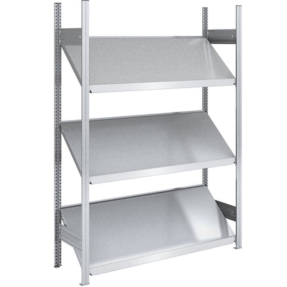 Slanted shelf unit, shelf unit height 2000 mm, shelf width 1300 mm, standard shelf unit, zinc plated.
