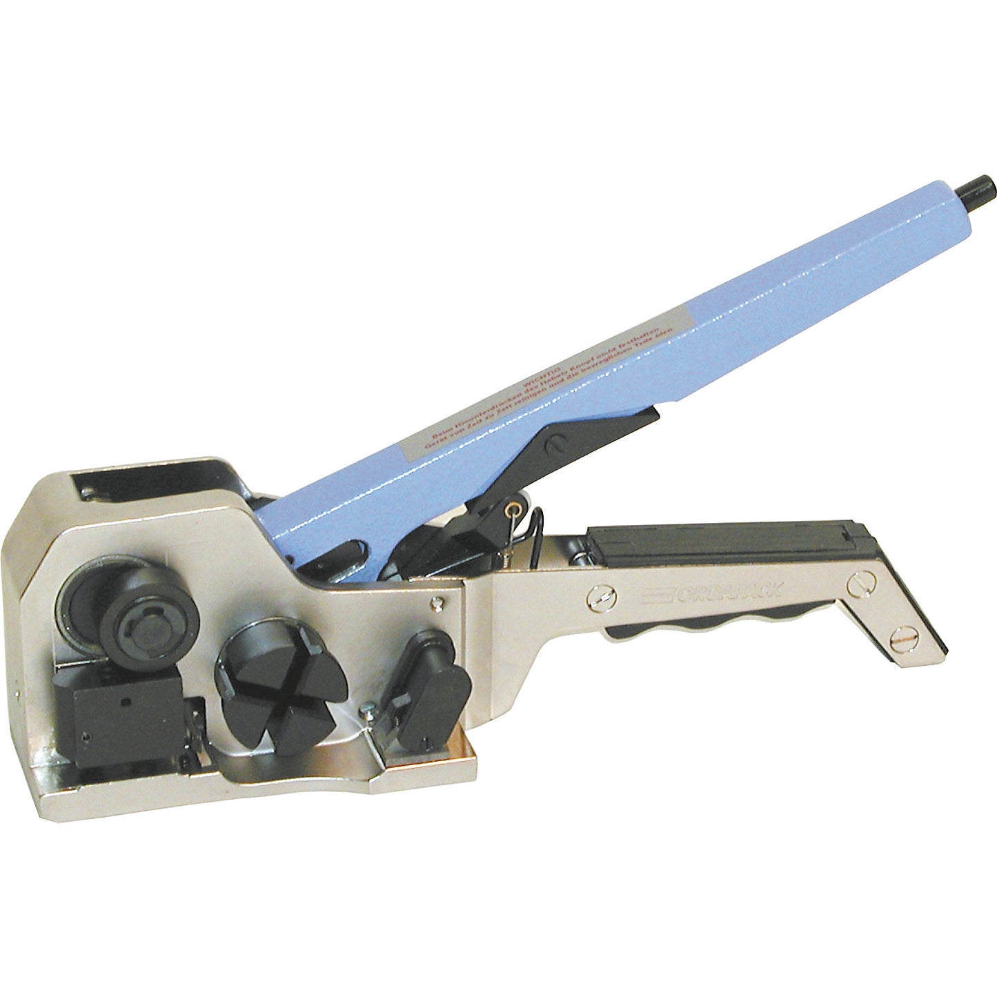 Tensioning and sealing tool for PP and PET strapping, manual, single lever mechanism, for 16 mm strap width.