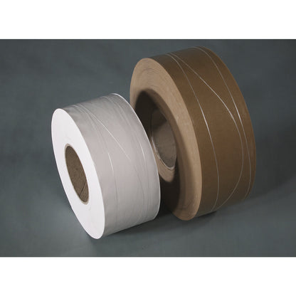 Fibre reinforced gummed adhesive tape, 2 longitudinal threads, 1 sinus thread, pack of 12 rolls, white, tape width 70 mm.