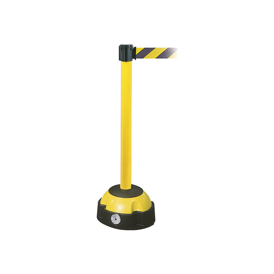 Belt barrier, warning stand, extension length 5000 mm, post yellow, belt yellow/black.