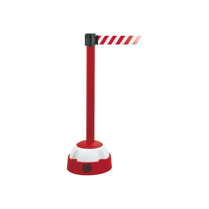 Belt barrier, warning stand, extension length 5000 mm, post red, belt red/white.