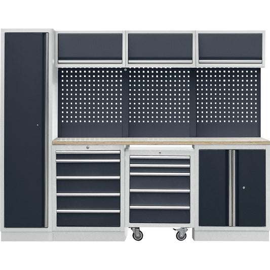 Workshop cupboard system with hinged door full height cupboard, drawer dolly, WxD 2606 x 460 mm, light grey / charcoal.