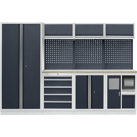 Workshop cupboard system with hinged door full height cupboard, waste and cleaning centre, WxD 2955 x 460 mm, light grey / charcoal.