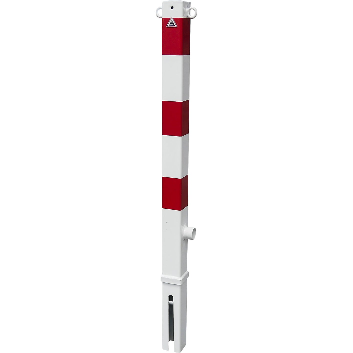 Barrier post, 70 x 70 mm, removable, two eyelets, with triangular lock, white/red.