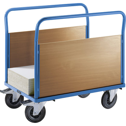 Platform truck with wooden panels, with 2 full height longitudinal panels, LxW 1250 x 870 mm, solid rubber.