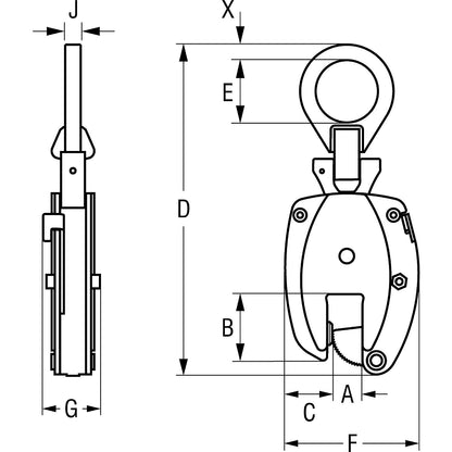 Carrier clamp, KL model, vertical use, gripping range 1 - 21 mm, max. load 600 kg.