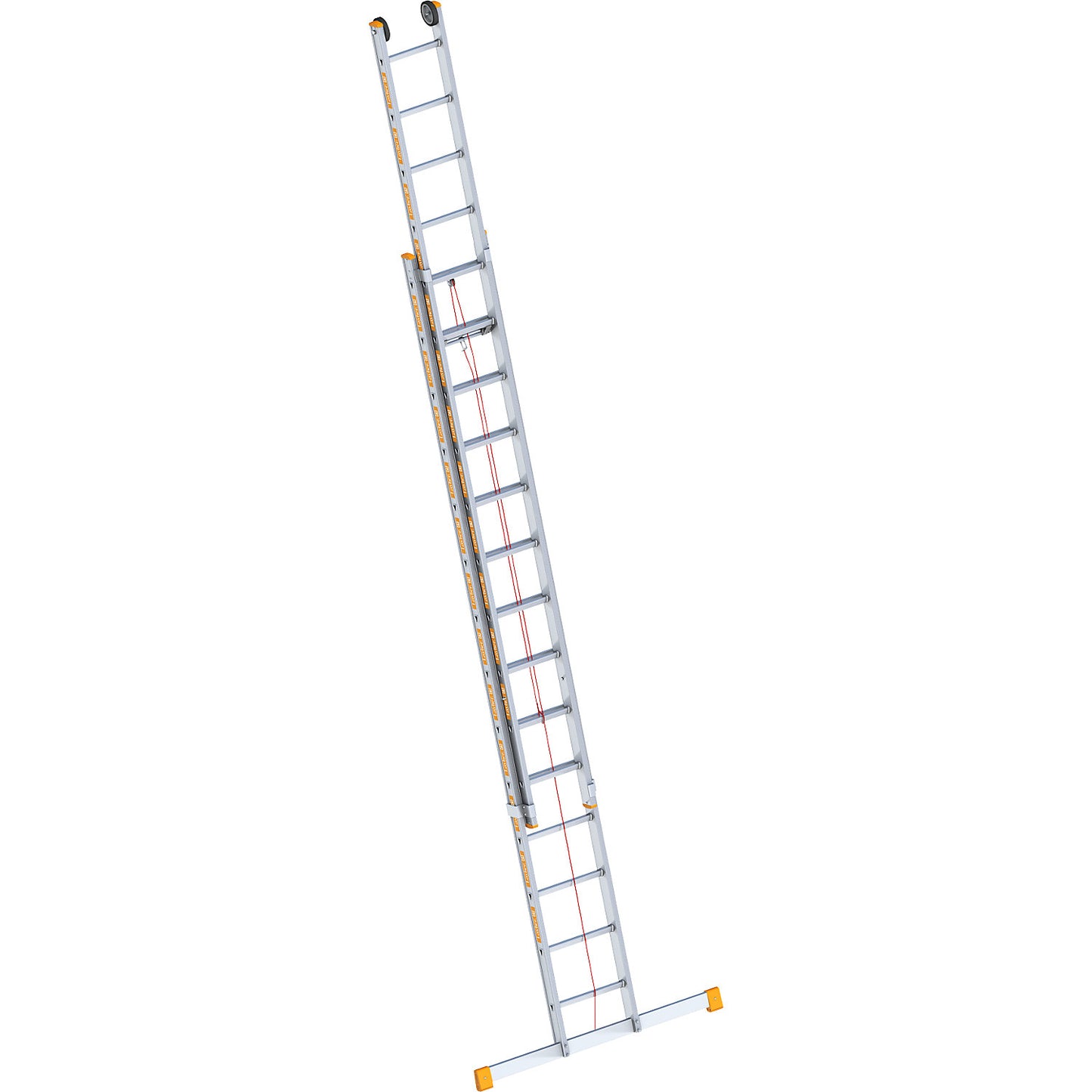 Aluminium rope operated extension ladder, 2-part, extendable, incl. beam, 2 x 14 rungs.