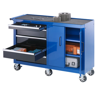 Workshop trolley, HxWxD 990 x 1324 x 458 mm, 5 drawers, 1 double door, blue.