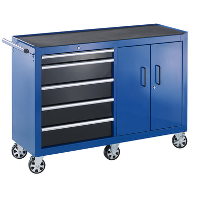 Workshop trolley, HxWxD 990 x 1324 x 458 mm, 5 drawers, 1 double door, blue.