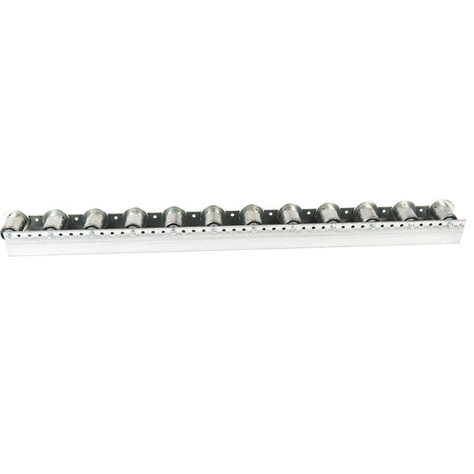 Roller track with flanged rollers, spacing 104 mm, Ø 50 mm, steel, length 1.2 m.