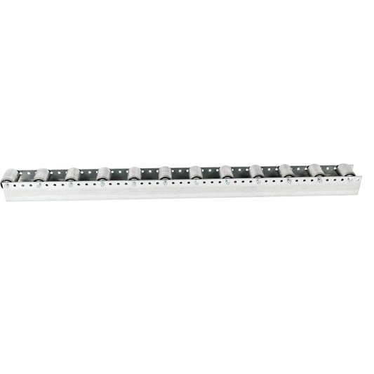Roller track with cylindrical rollers, spacing 104 mm, Ø 50 mm, steel, length 1.2 m.