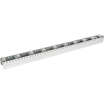 Roller track with cylindrical rollers, spacing 130 mm, Ø 50 mm, steel, length 1.2 m.
