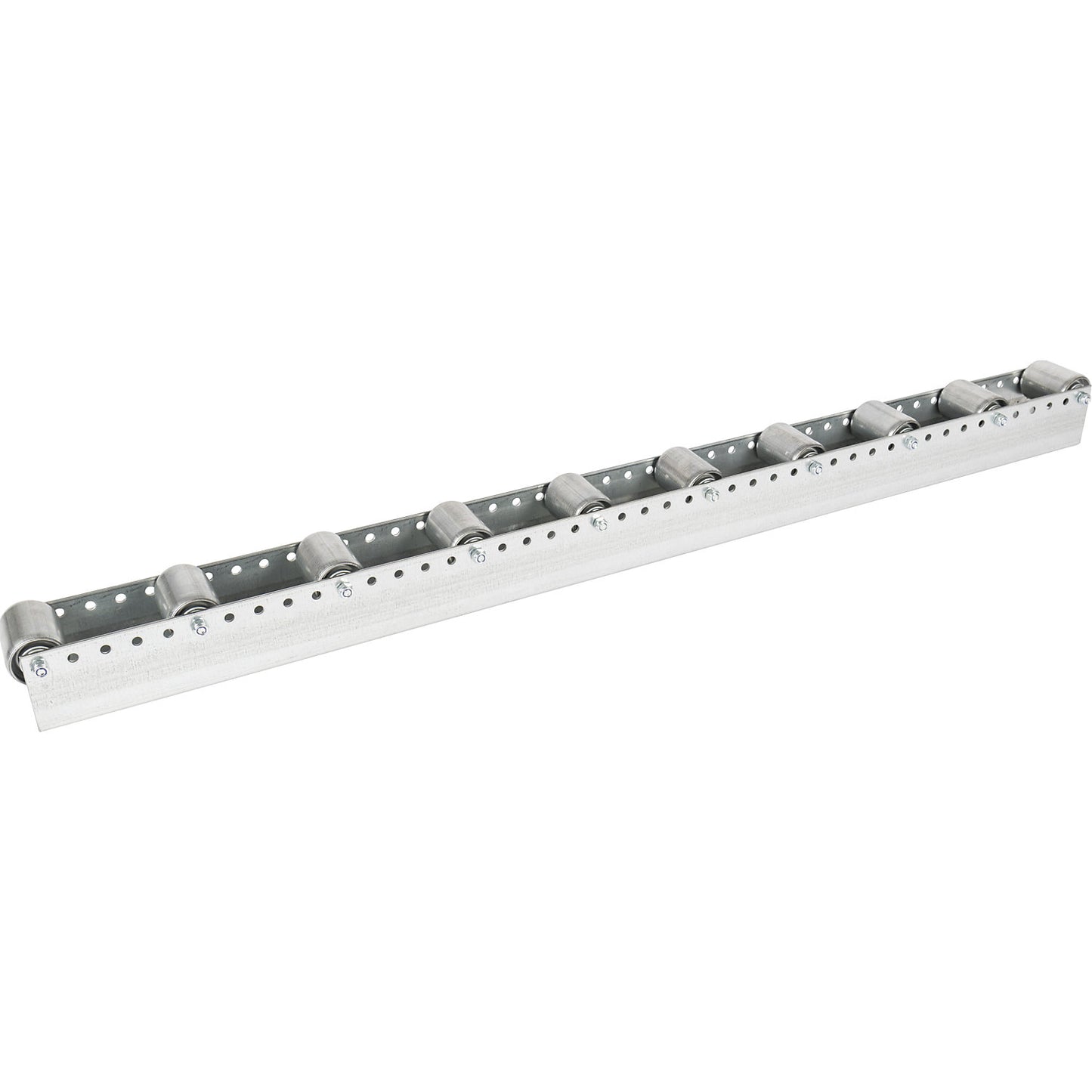 Roller track with cylindrical rollers, spacing 130 mm, Ø 50 mm, steel, length 2.4 m.