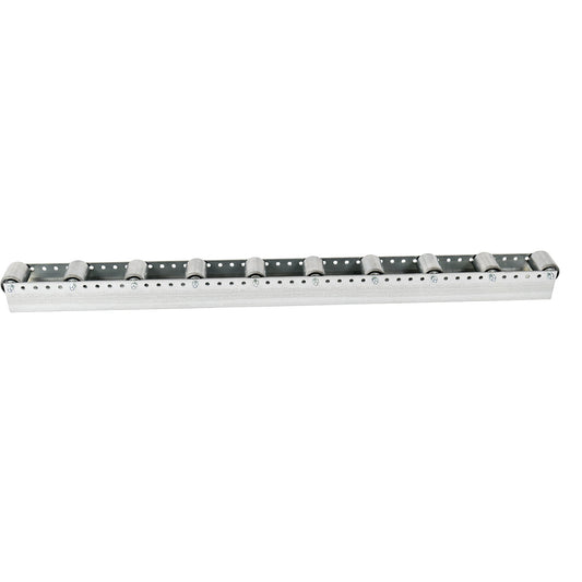 Roller track with cylindrical rollers, spacing 130 mm, Ø 50 mm, steel, length 1.2 m.