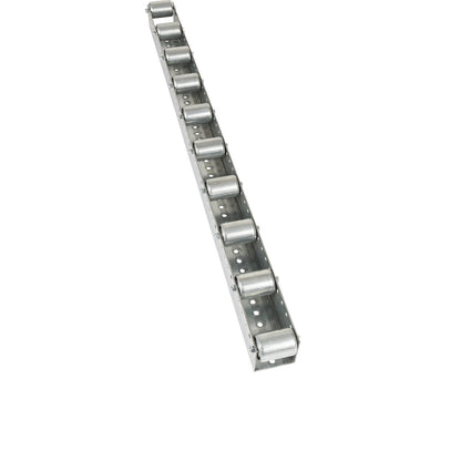 Roller track with cylindrical rollers, spacing 130 mm, Ø 50 mm, steel, length 2.4 m.