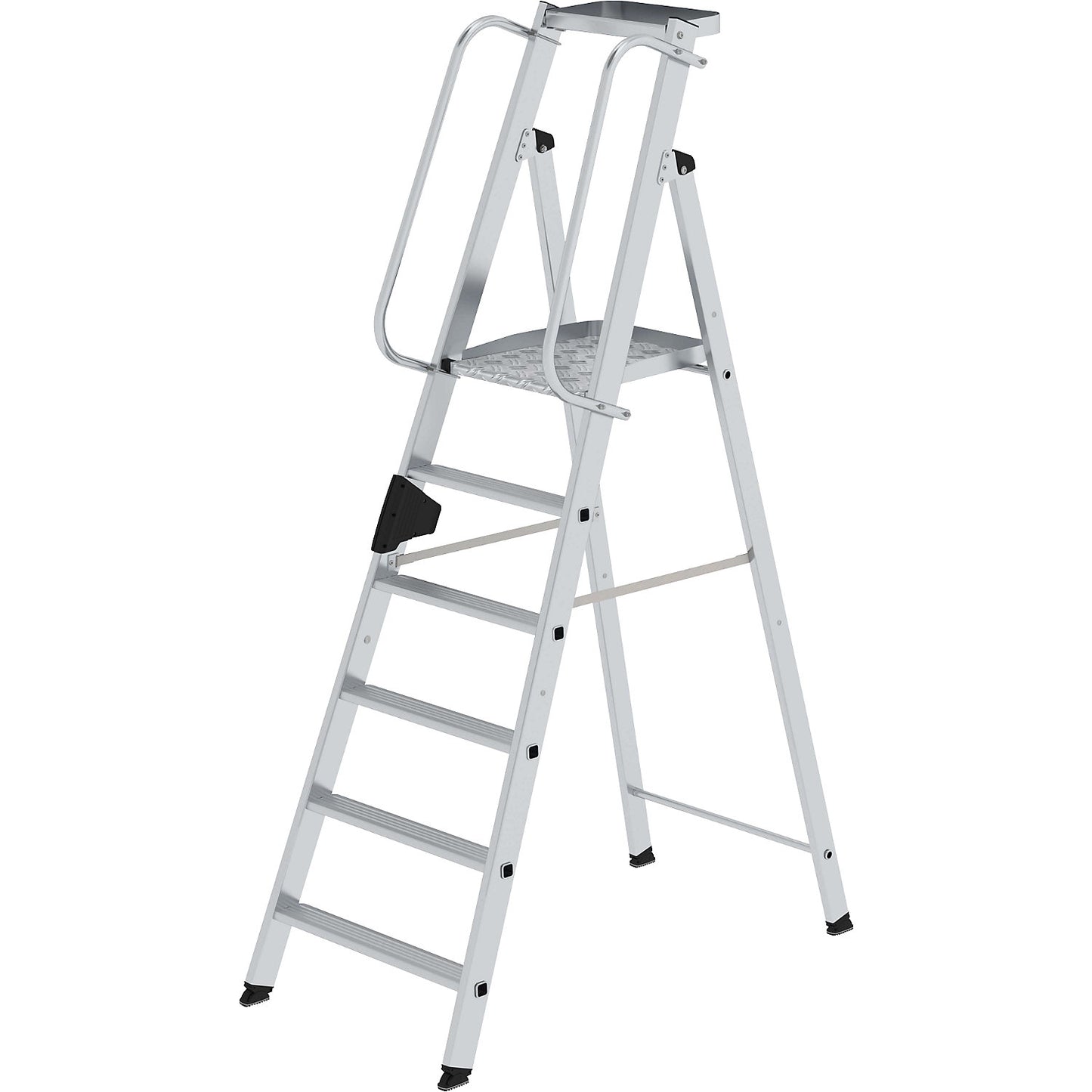 Aluminium step ladder with large platform, hand rail on both sides, 6 steps inclusive platforms.