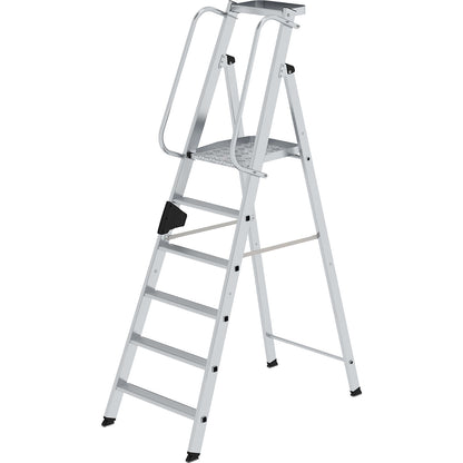 Aluminium step ladder with large platform, hand rail on both sides, 6 steps inclusive platforms.