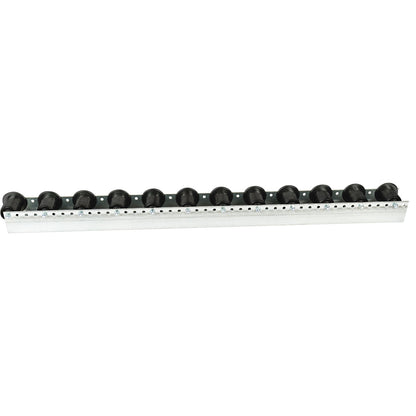 Roller track with flanged rollers, spacing 104 mm, Ø 50 mm, plastic, length 2.4 m.