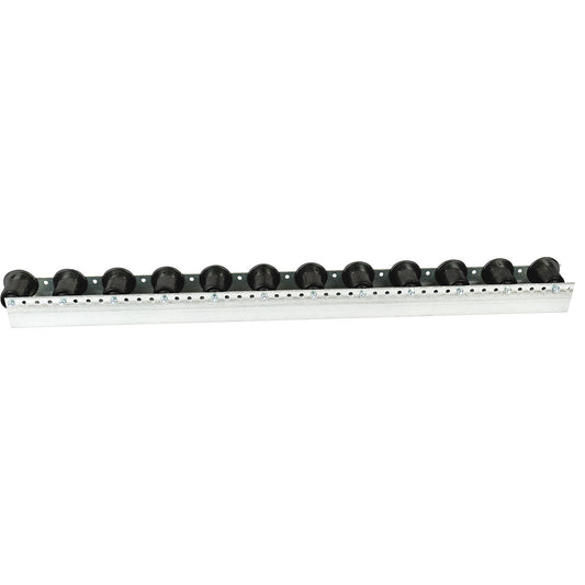 Roller track with flanged rollers, spacing 104 mm, Ø 50 mm, plastic, length 2.4 m.