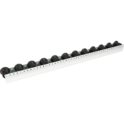 Roller track with flanged rollers, spacing 104 mm, Ø 50 mm, plastic, length 2.4 m.
