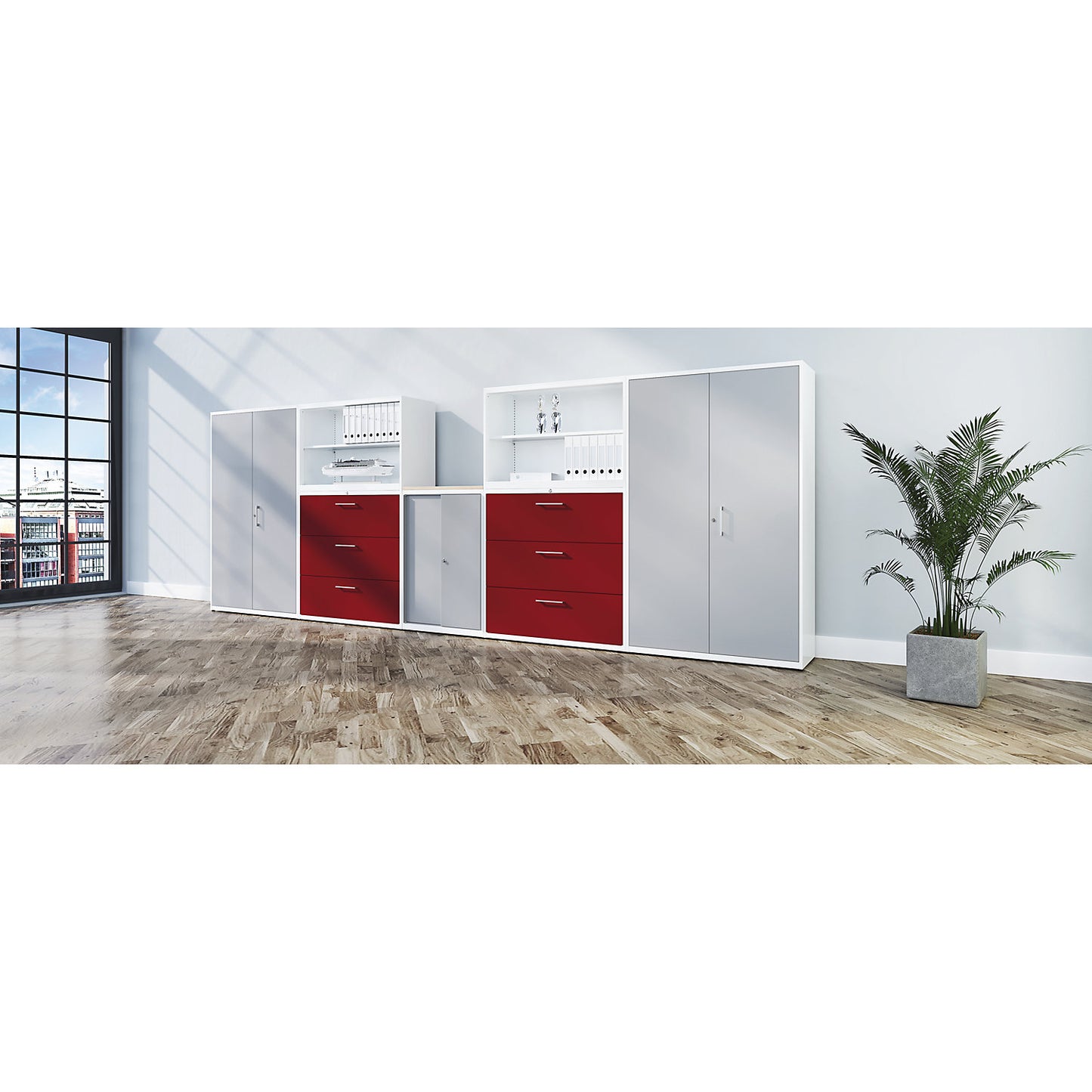 Suspension filing cabinet, HPL solid core panel, 3 drawers, 2 tracks, with dampers, pure white / white aluminium / maple.
