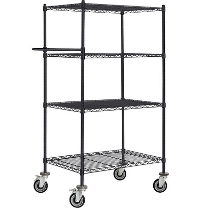 Wire mesh table trolley, black, with 4 shelves, LxWxH 910 x 610 x 1670 mm.