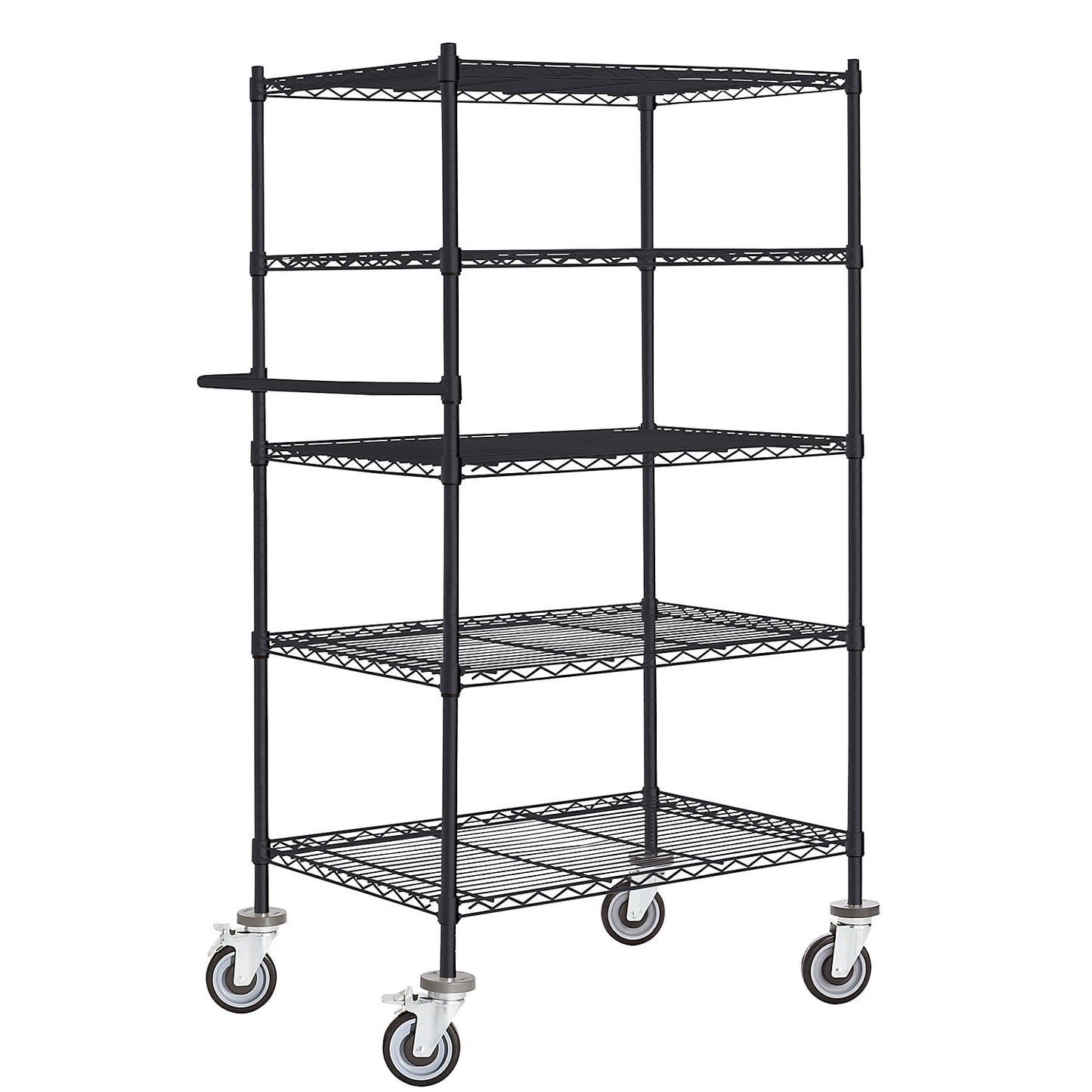 Wire mesh table trolley, black, with 5 shelves, LxWxH 910 x 610 x 1670 mm.