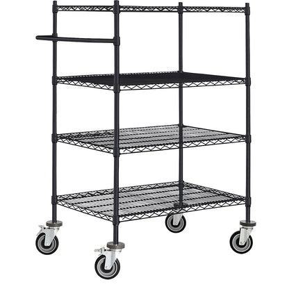 Wire mesh table trolley, black, with 4 shelves, LxWxH 910 x 610 x 1350 mm.