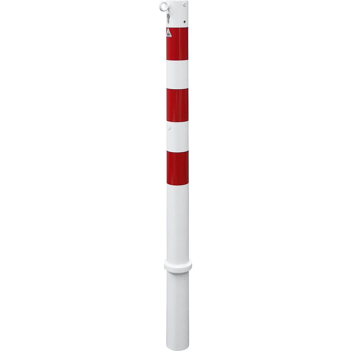 Barrier post, Ø 76 mm, white / red, removable with profile cylinder, with 1 eyelet.