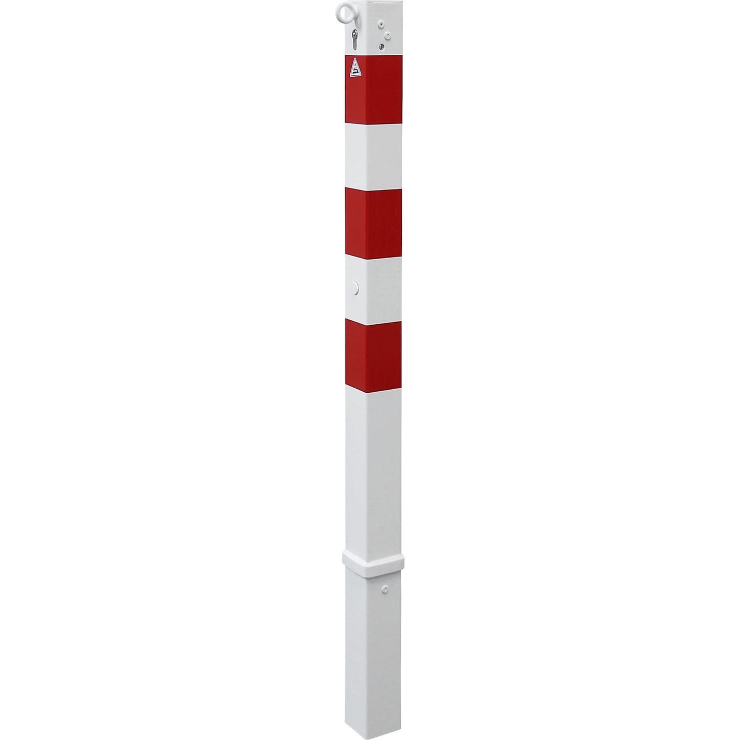Barrier post, 70 x 70 mm, removable, one eyelet, with profile cylinder, white/red.