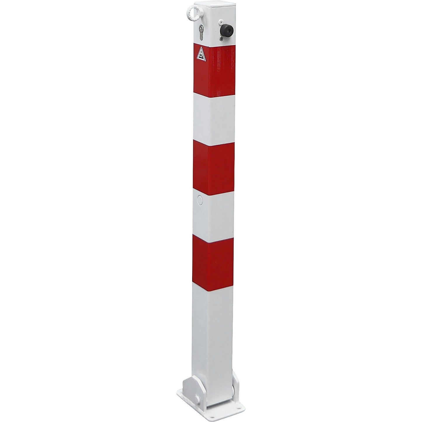 Barrier post, 70 x 70 mm, folding, one eyelet, with profile cylinder, white/red.