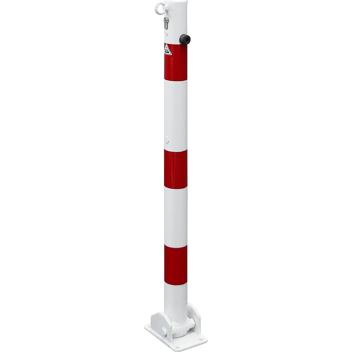 Barrier post, Ø 60 mm, white / red, folding with profile cylinder, with 1 eyelet.