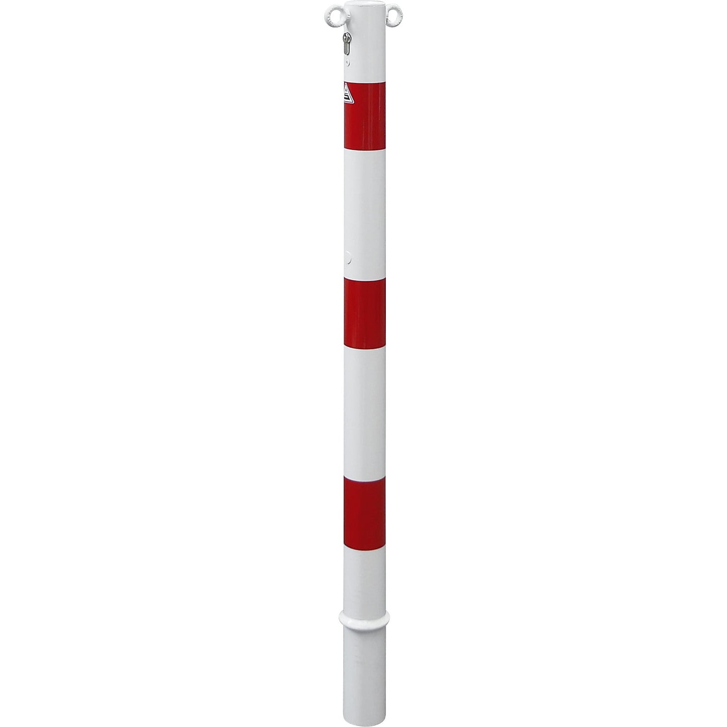 Barrier post, Ø 60 mm, white / red, removable with profile cylinder, with 2 eyelets.