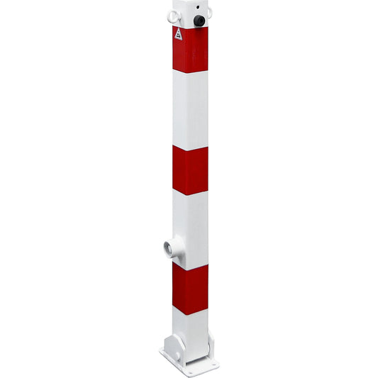 Barrier post, 70 x 70 mm, folding, two eyelets, with triangular lock, white/red.