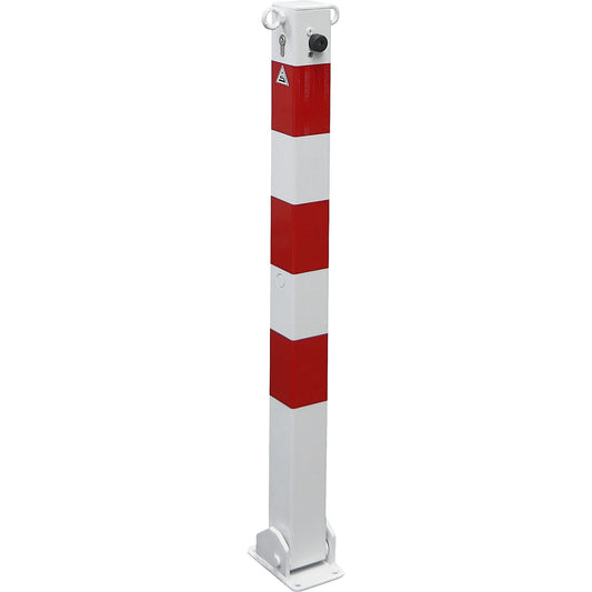 Barrier post, 70 x 70 mm, folding, two eyelets, with profile cylinder, white/red.