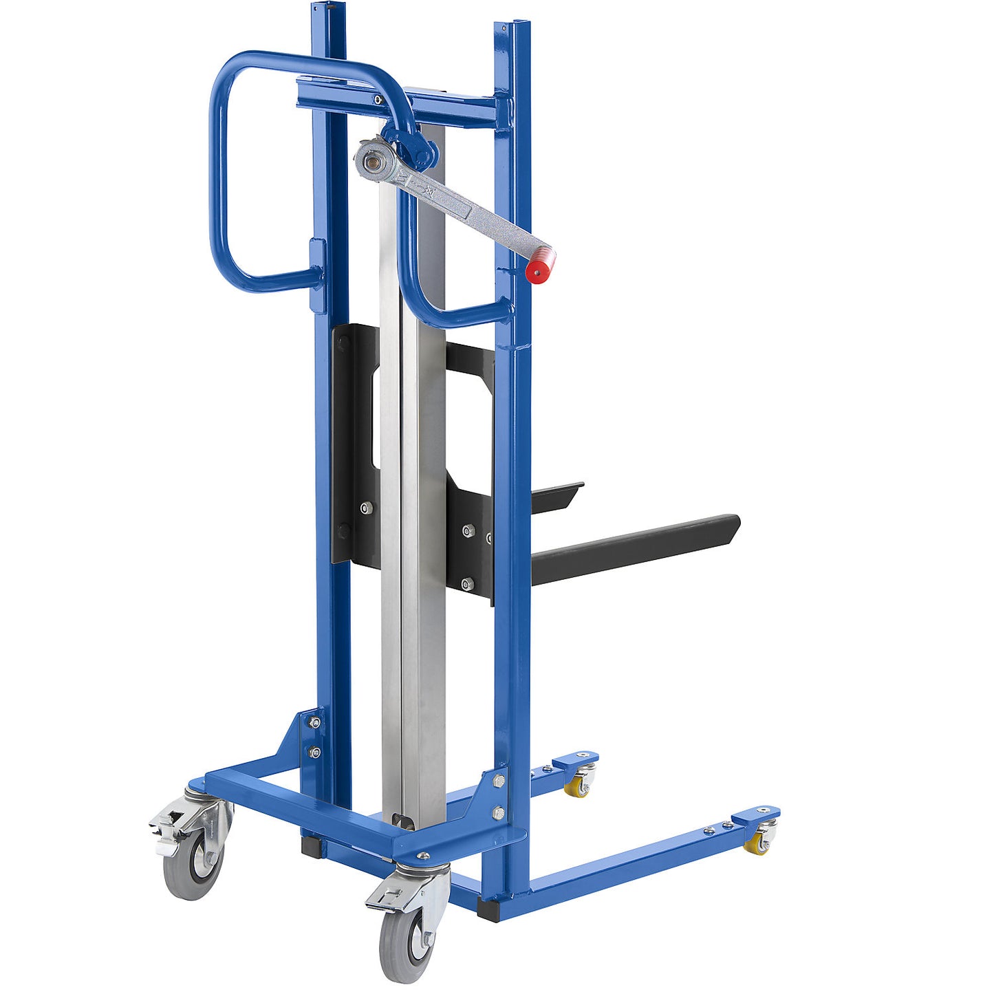 Material lifter, with adjustable box fork, with 4 swivel castors.